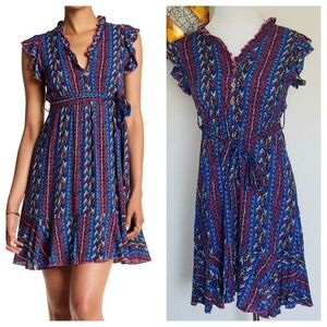 👑High-end Papillon Blanc Blue Print Ruffle Trim Midi Dress